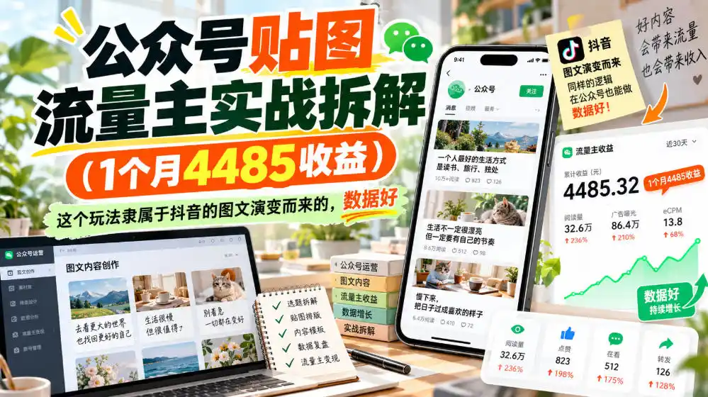 公众号贴图流量主实战拆解(1个月4485收益)，这个玩法隶属于抖音的图文演变而来的，数据好-聚创源