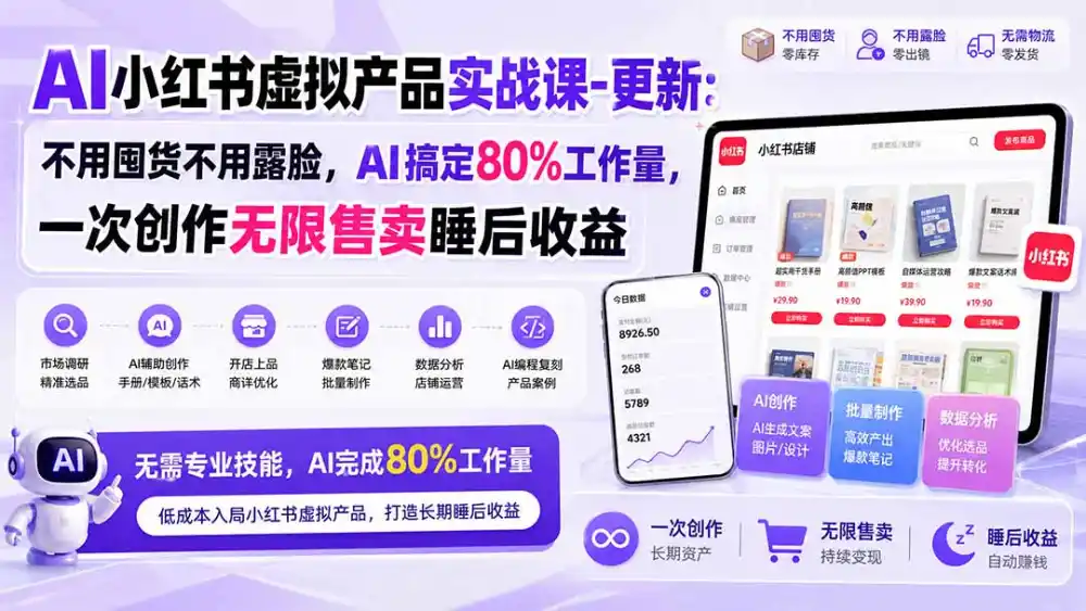 AI小红书虚拟产品实战课-更新1017：不用囤货不用露脸，AI搞定80%工作量，一次创作无限售卖睡后收益-聚创源