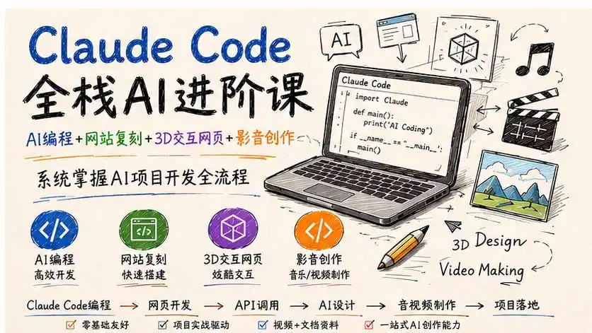 Claude Code全栈AI进阶课-更新；AI编程+网站复刻+3D交互网页+影音创作，系统掌握AI项目开发全流程-聚创源