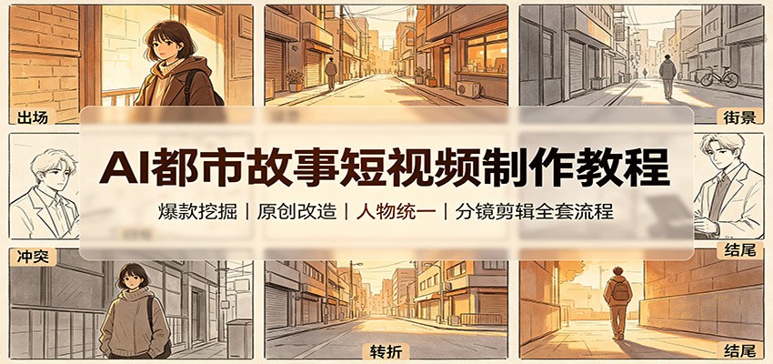 AI都市故事短视频制作教程：爆款挖掘原创改造，人物统一分镜剪辑全套流程-聚创源