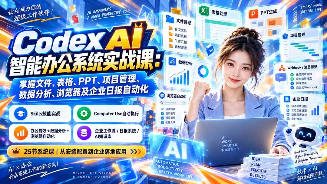 Codex AI智能办公系统实战课：掌握文件、表格、PPT、项目管理、数据分析、浏览器及企业日报自动化-聚创源
