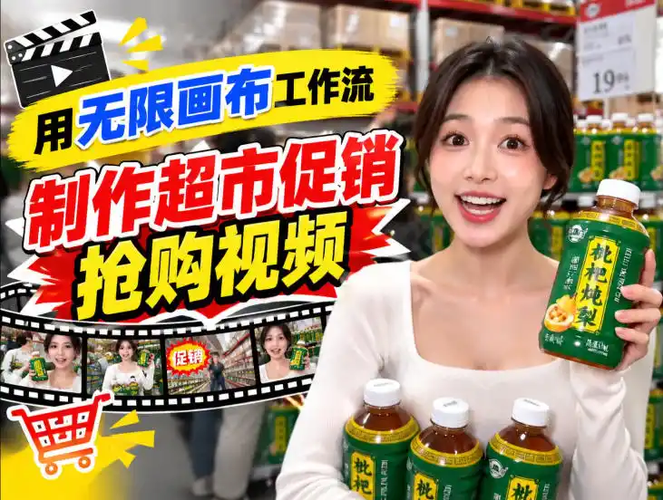 无限画布超市促销抢购视频工作流，一键产出TikTok抖音带货短视频-聚创源