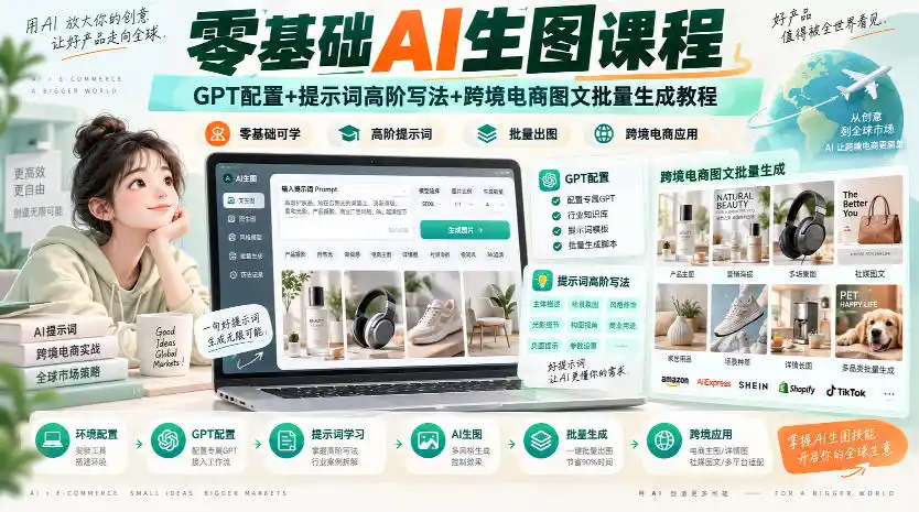 零基础AI生图课程，GPT配置+提示词高阶写法+跨境电商图文批量生成教程-聚创源