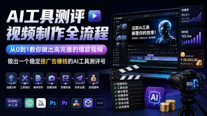 AI工具测评视频制作全流程，从0到1教你做出高完播的爆款视频，做出一个稳定接广告賺钱的AI工具测评号-聚创源