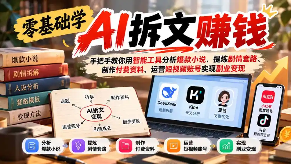 零基础学AI拆文赚钱：手把手教你用智能工具分析爆款小说、提炼剧情套路、制作付费资料、运营短视频账号实现副业变现-聚创源