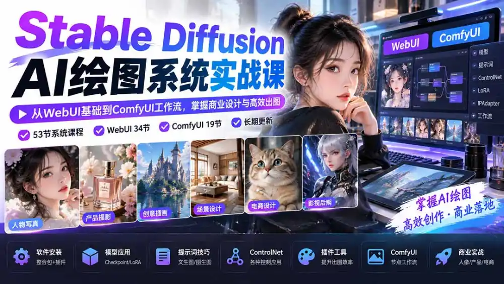 【无水印】Stable Diffusion AI绘图系统实战课：从WebUI基础到ComfyUI工作流，掌握商业设计与高效出图-聚创源