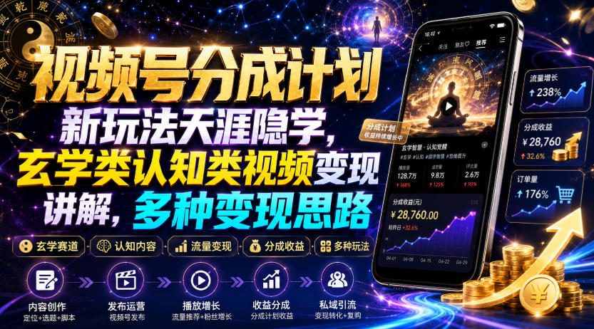 视频号分成计划新玩法天涯隐学，玄学类认知类视频变现讲解，多种变现思路-聚创源