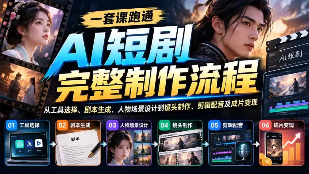 一套课跑通AI短剧完整制作流程：从工具选择、剧本生成、人物场景设计到镜头制作、剪辑配音及成片变现-聚创源