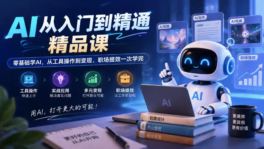 AI从入门到精通精品课,零基础学AI,从工具操作到变现、职场提效一次学完-聚创源