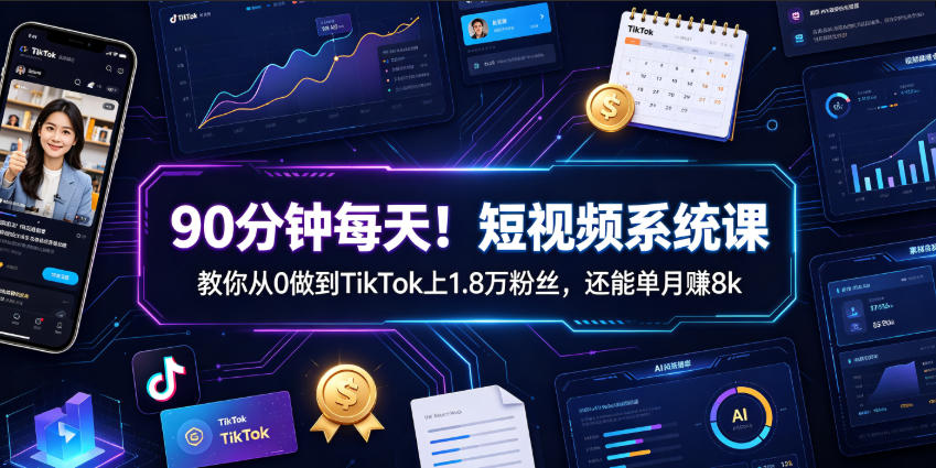 90分钟每天！短视频系统课教你从0做到TikTok上1.8万粉丝，还能单月賺8k【原创双语字幕】-聚创源