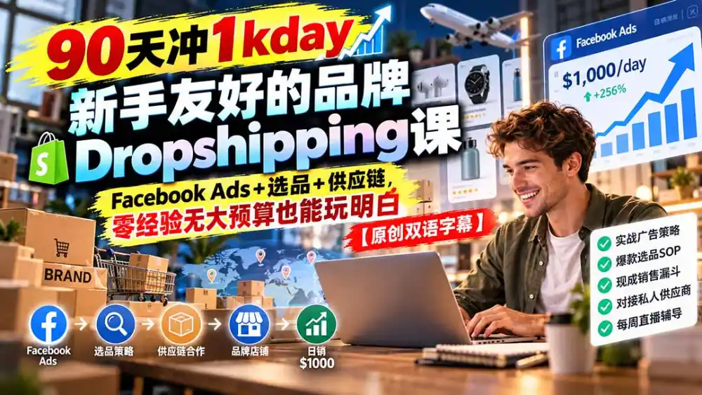 90天冲1kday 新手友好的品牌Dropshipping课：Facebook Ads+选品+供应链，零经验无大预算也能玩明白【原创双语字幕】-聚创源