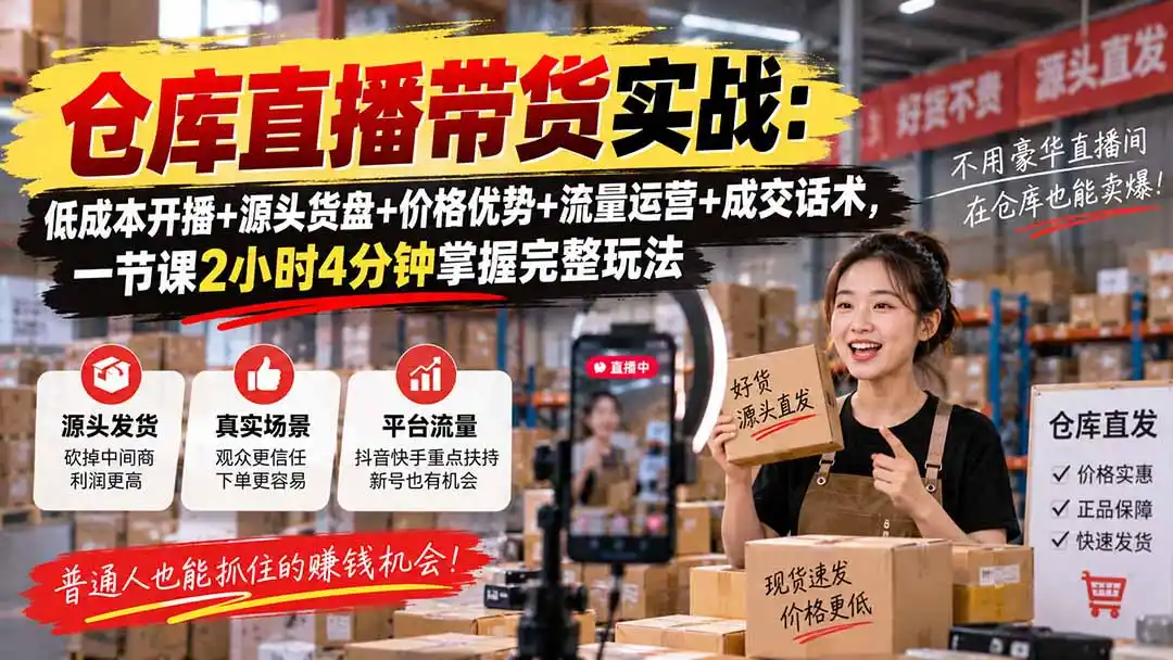 仓库直播带货实战：低成本开播+源头货盘+价格优势+流量运营+成交话术，一节课2小时4分钟掌握完整玩法-聚创源