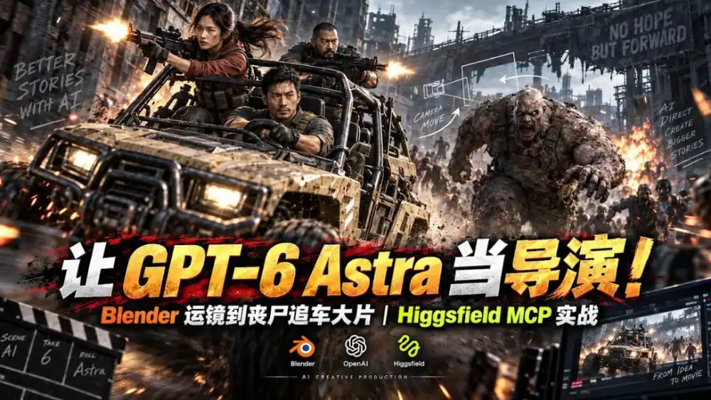 让GPT-6 Astra当导演！Blender运镜到丧尸追车大片｜Higgsfield MCP实战-聚创源