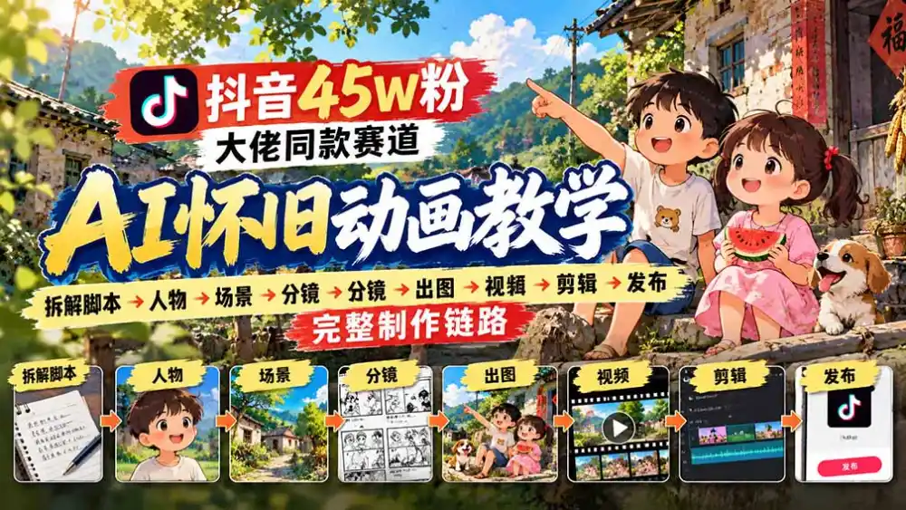 抖音45W粉大佬同款赛道AI怀旧动画教学：拆解脚本→人物→场景→分镜→出图→视频→剪辑→发布完整制作链路-聚创源