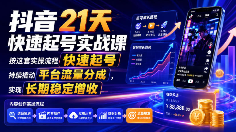 抖音21天快速起号实战课，按这套实操流程快速起号，持续撬动平台流量分成，实现长期稳定增收-聚创源