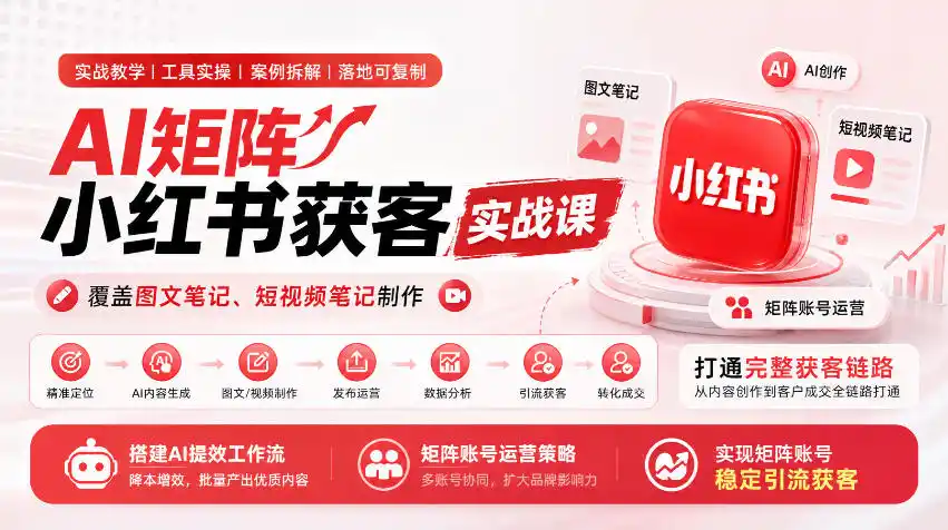 AI矩阵小红书获客实战课，覆盖图文笔记、短视频笔记制作，打通完整获客链路，搭建AI提效工作流，实现矩阵账号稳定引流获客-聚创源