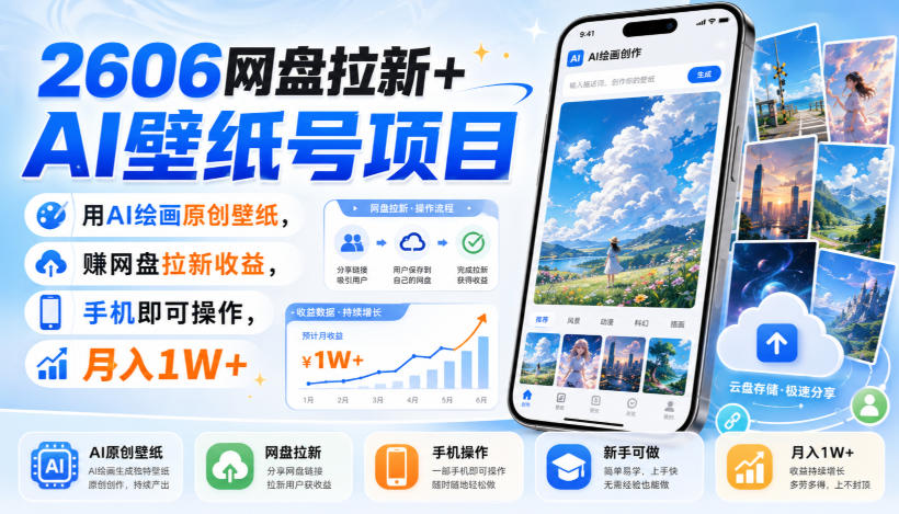 2606网盘拉新+AI壁纸号项目，用AI绘画原创壁纸，賺网盘拉新收益，手机即可操作，月入1W+-聚创源