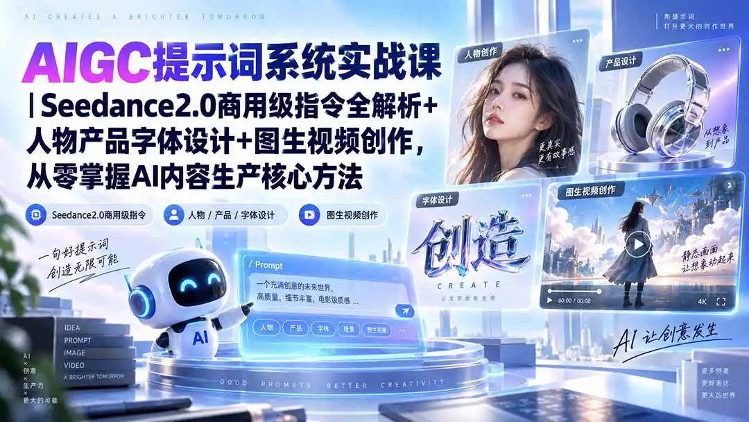AIGC提示词系统实战课-无水印｜Seedance2.0商用级指令全解析+人物产品字体设计+图生视频创作，掌握AI内容生产方法-聚创源