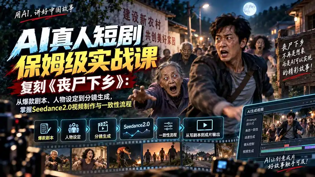 AI真人短剧保姆级实战课，复刻《丧尸下乡》：从爆款剧本、人物设定到分镜生成，掌握Seedance2.0视频制作与一致性流程-聚创源