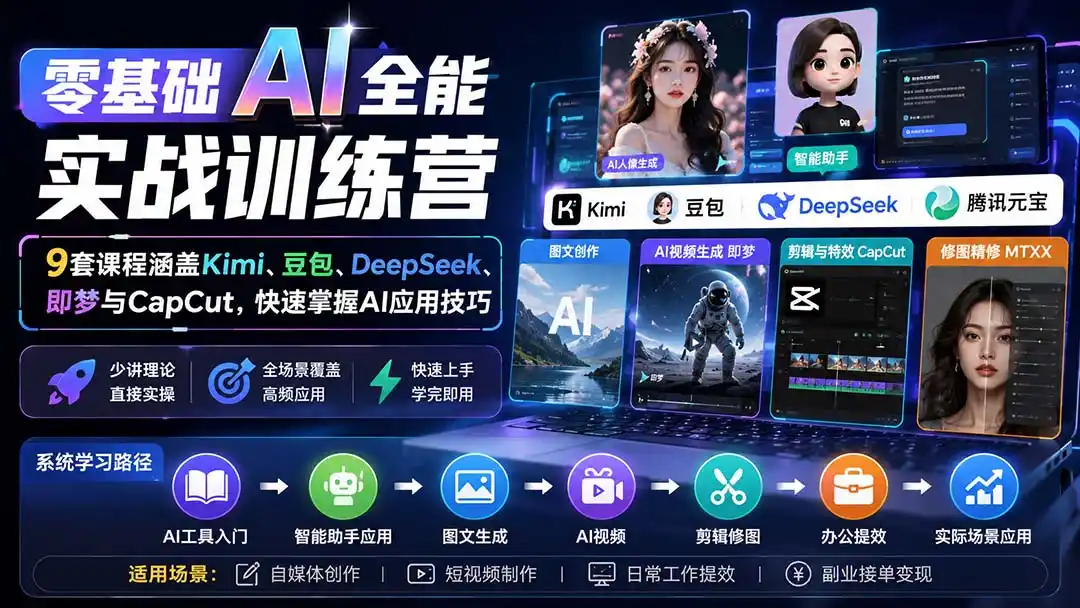 零基础AI全能实战训练营：9套课程涵盖Kimi、豆包、DeepSeek、即梦与CapCut，快速掌握AI应用技巧-聚创源
