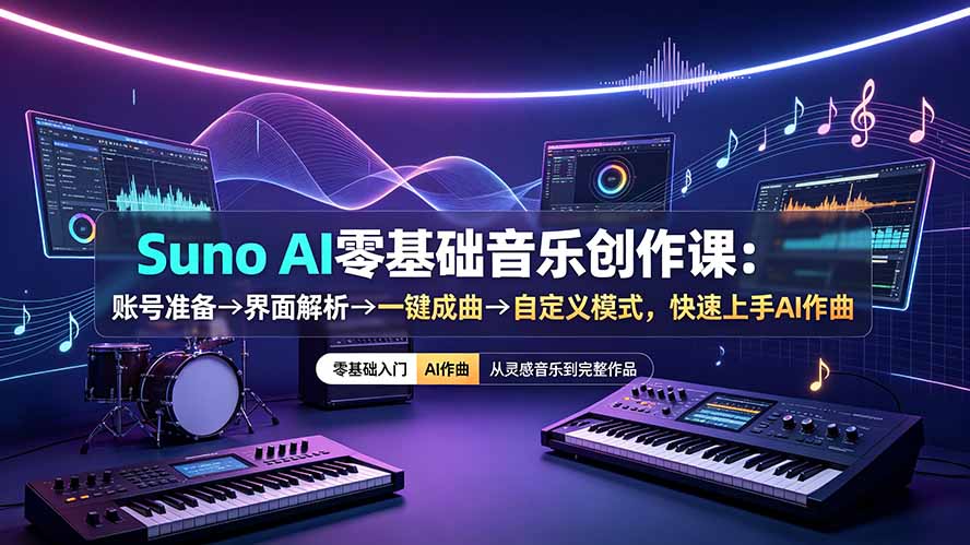 Suno AI零基础音乐创作课：账号准备→界面解析→一键成曲→自定义模式，快速上手AI作曲-聚创源
