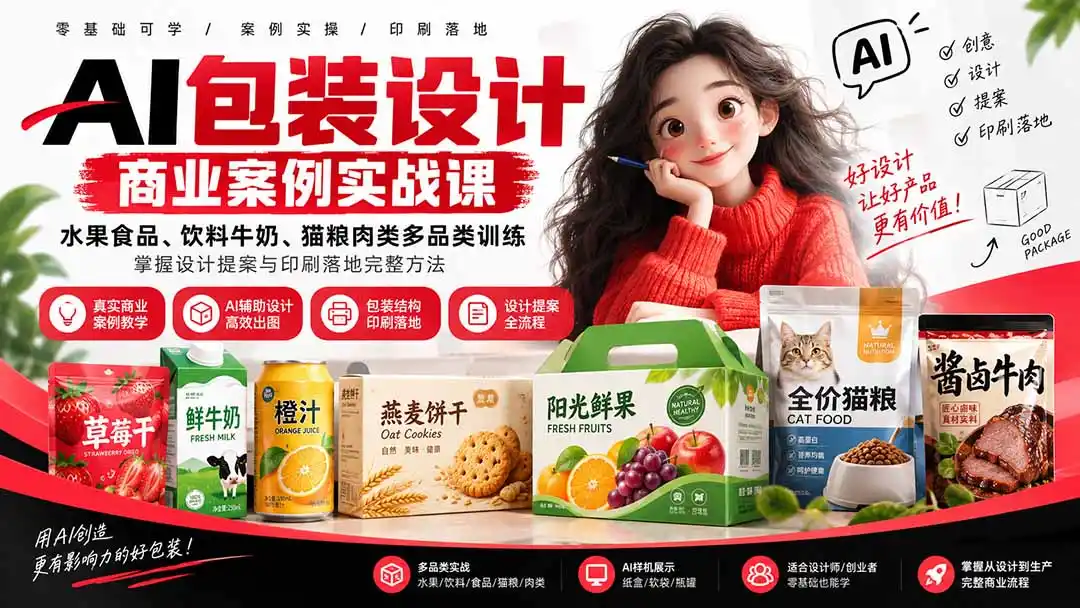 AI包装设计商业案例实战课：水果食品、饮料牛奶、猫粮肉类多品类训练，掌握设计提案与印刷落地完整方法-聚创源