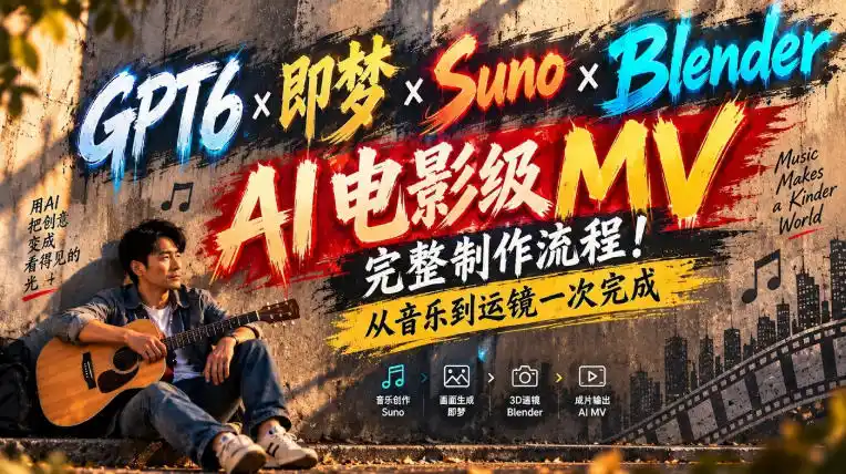 GPT6×即梦×Suno×Blender｜AI电影级MV完整制作流程！从音乐到运镜一次完成！-聚创源