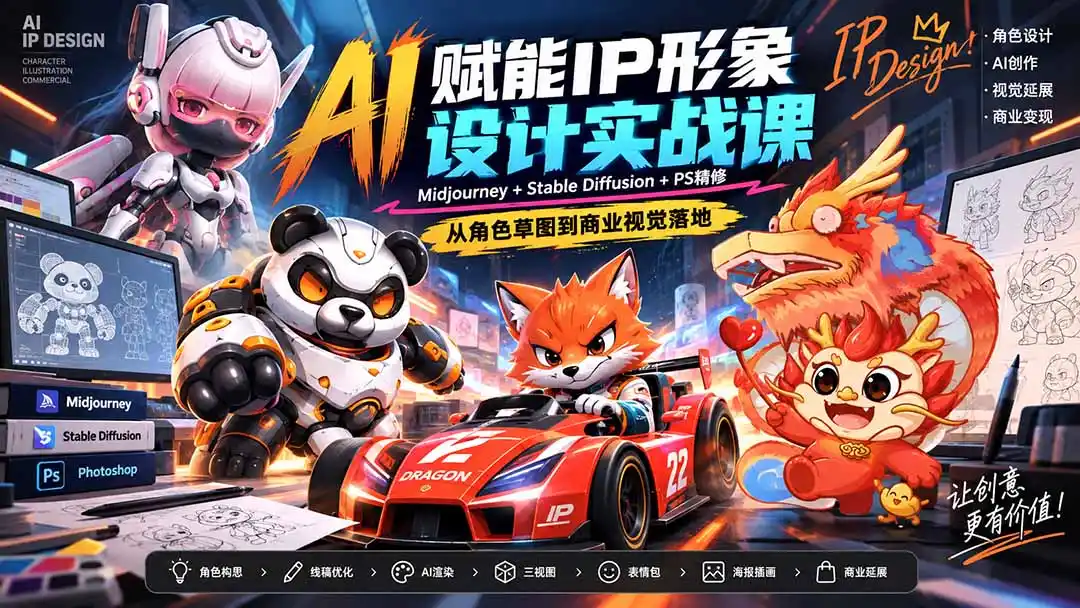 AI赋能IP形象设计实战课-无水印：Midjourney+Stable Diffusion+PS精修，从角色草图到商业视觉落地-聚创源