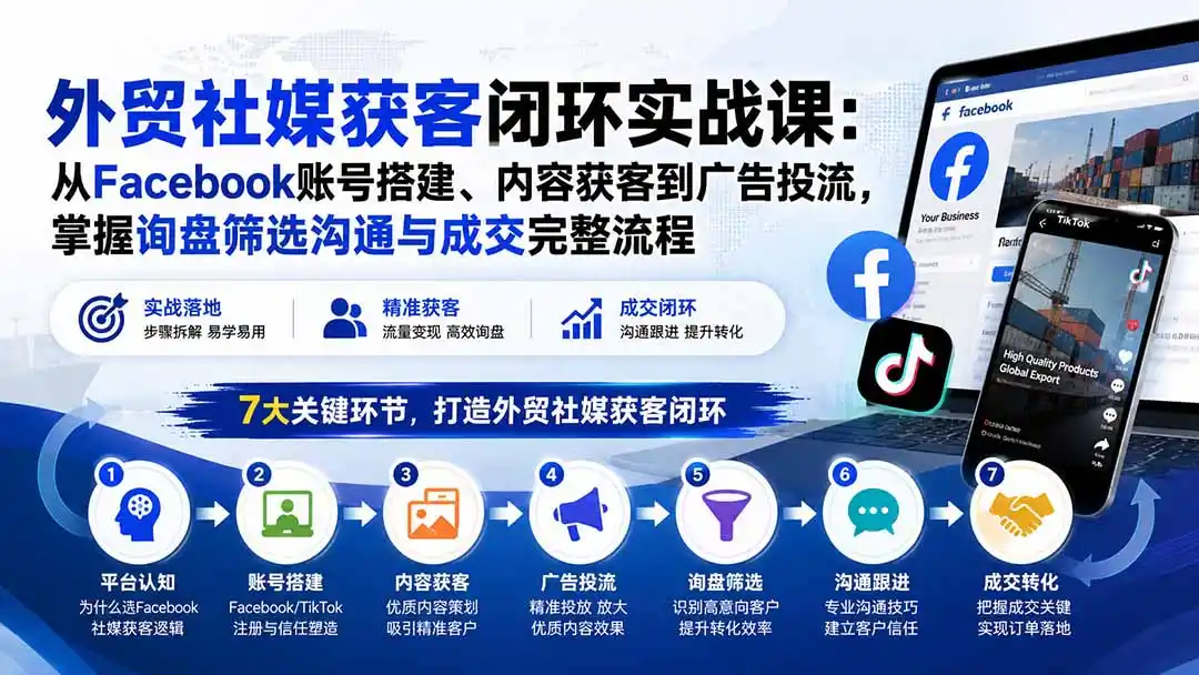 外贸社媒获客闭环实战课：从Facebook账号搭建、内容获客到广告投流，掌握询盘筛选沟通与成交完整流程-聚创源