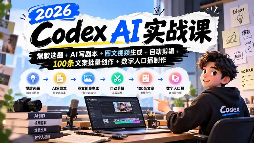 2026Codex AI实战课：爆款选题+AI写剧本+图文视频生成+自动剪辑+100条文案批量创作+数字人口播制作-聚创源