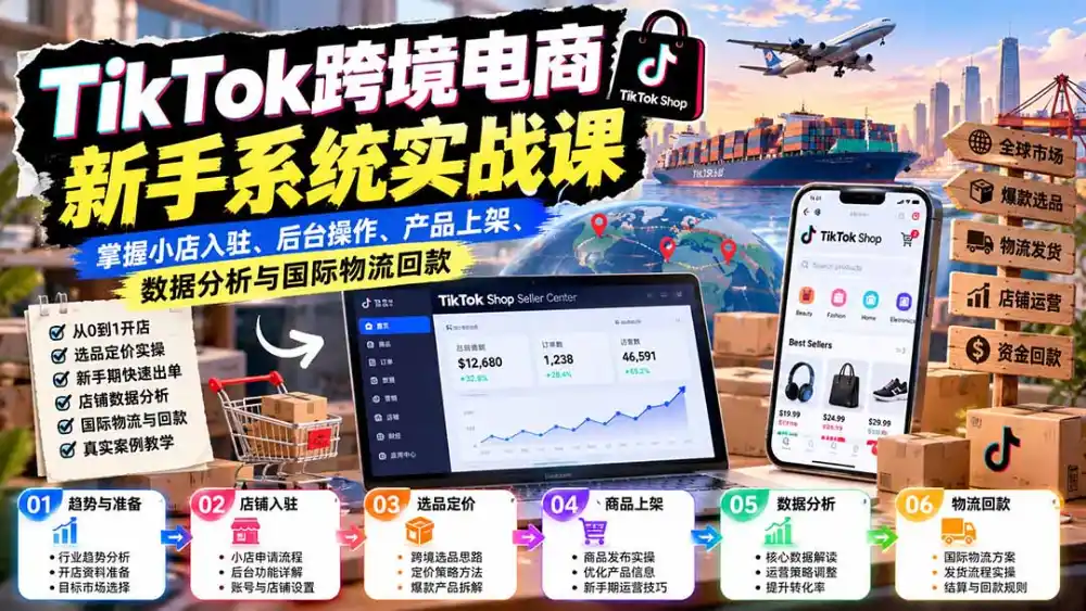 TikTok跨境电商新手系统实战课：掌握小店入驻、后台操作、产品上架、数据分析与国际物流回款-聚创源