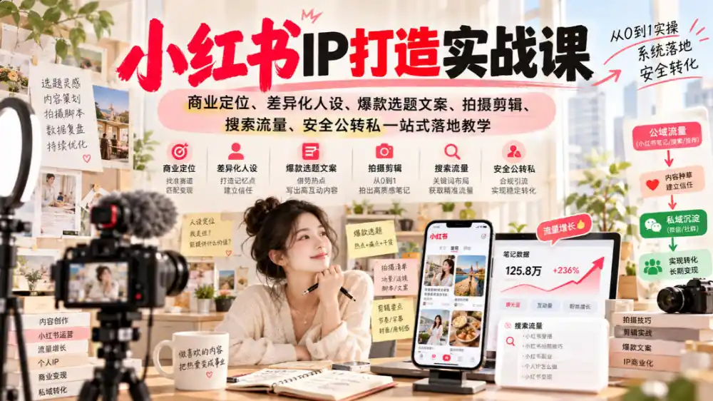 小红书ip打造实战课，商业定位、差异化人设、爆款选题文案、拍摄剪辑、搜索流量、安全公转私一站式落地教学-聚创源