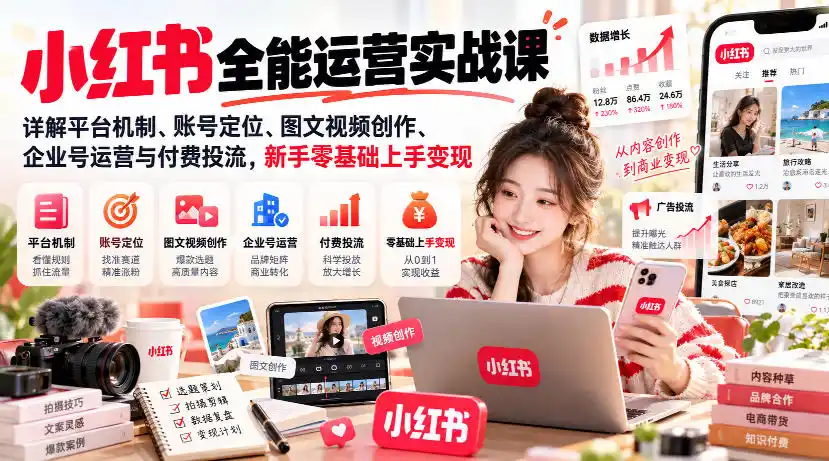 小红书全能运营实战课，详解平台机制、账号定位、图文视频创作、企业号运营与付费投流，新手零基础上手变现-聚创源