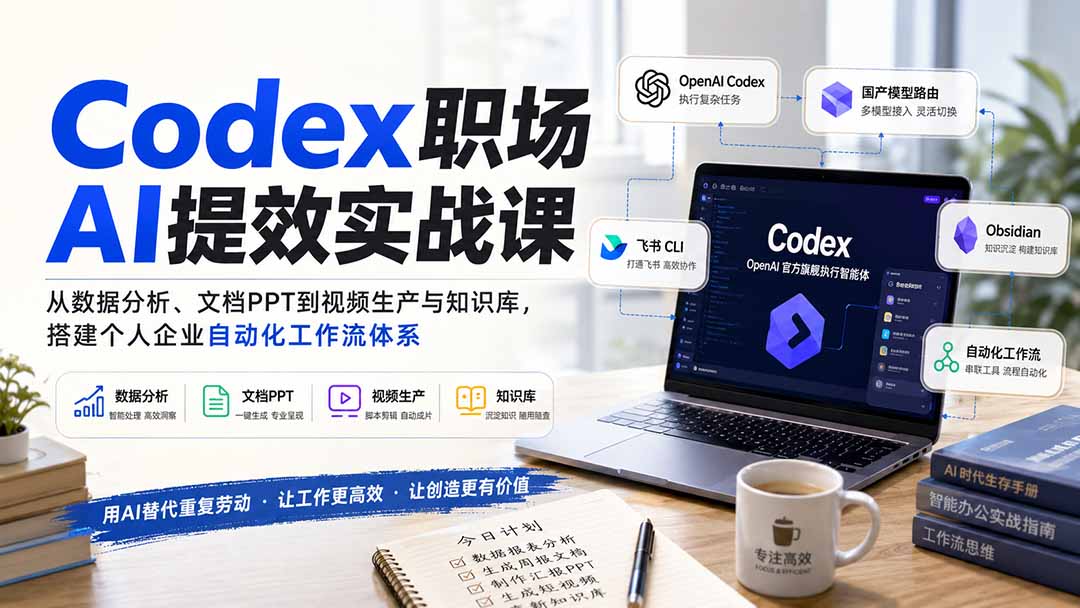 Codex职场AI提效实战课：从数据分析、文档PPT到视频生产与知识库，搭建个人企业自动化工作流体系-聚创源