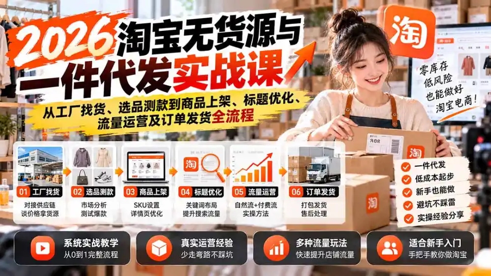 2026淘宝无货源与一件代发实战课：从工厂找货、选品测款到商品上架、标题优化、流量运营及订单发货全流程-聚创源