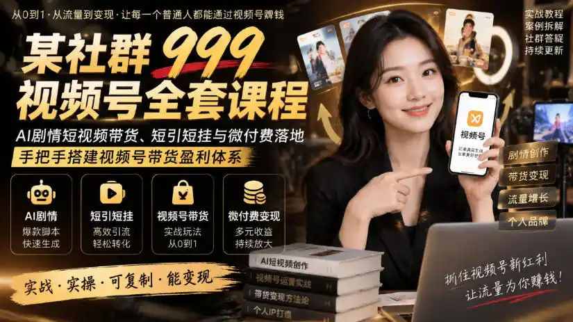 某社群999视频号全套课程，AI剧情短视频带货、短引短挂与微付费落地，手把手搭建视频号带货盈利体系-聚创源