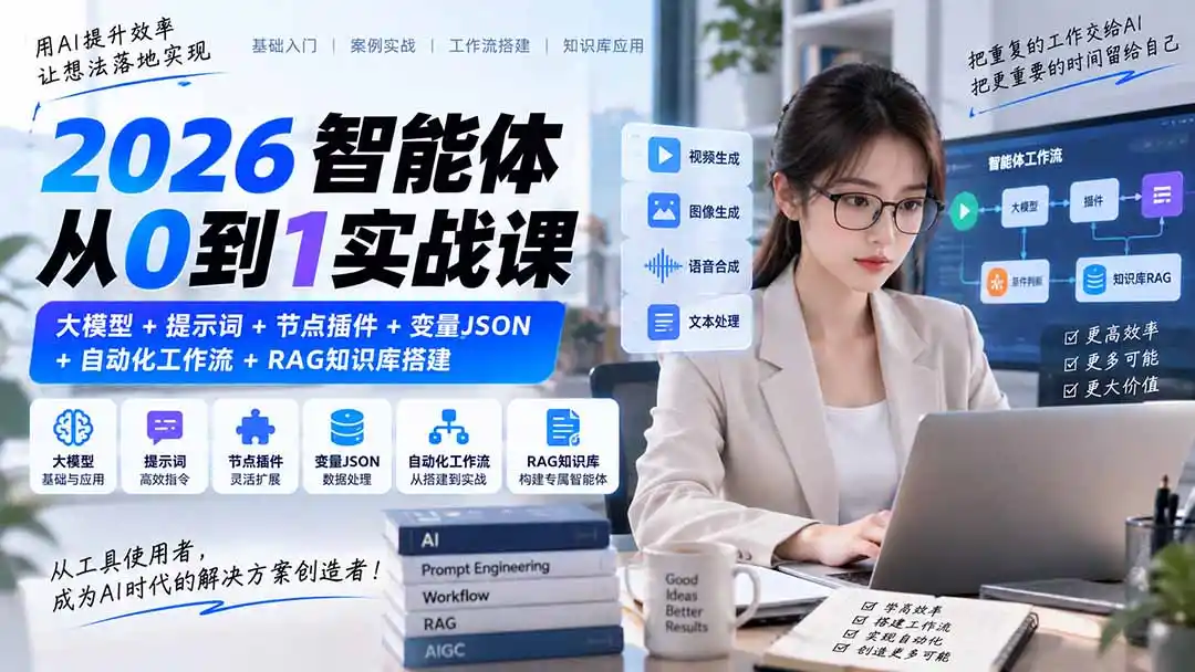 2026智能体从0到1实战课｜大模型+提示词+节点插件+变量JSON+自动化工作流+RAG知识库搭建-聚创源