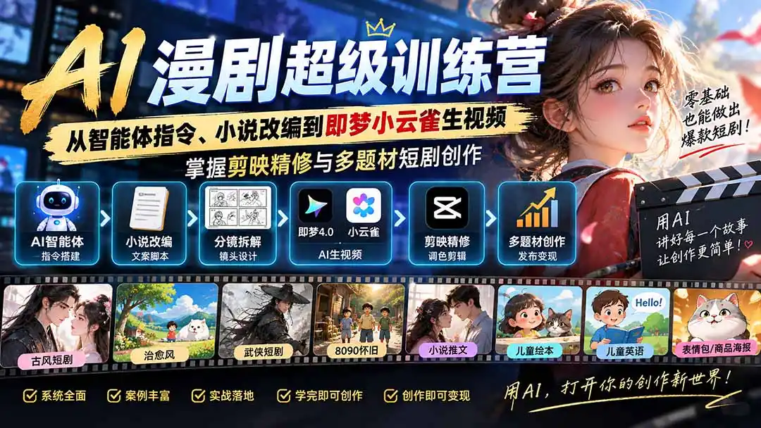 AI漫剧超级特训营：从智能体指令、小说改编到即梦小云雀生视频，掌握剪映精修与多题材短剧创作-聚创源