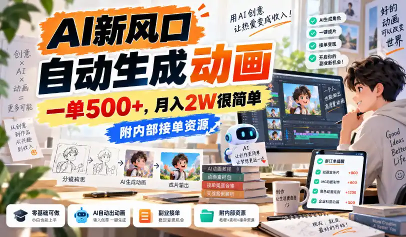 AI新风口，自动生成动画，一单500+，月入2W很简单，附内部接单资源【揭秘】-聚创源