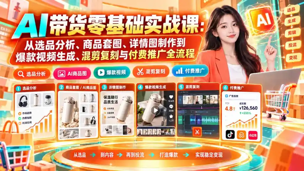 AI带货零基础实战课:从选品分析、商品套图、详情图制作到爆款视频生成、混剪复刻与付费推广全流程-聚创源