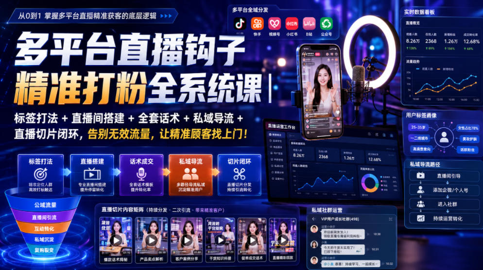 多平台直播钩子精准打粉全系统课|标签打法+直播间搭建+全套话术+私域导流+直播切片闭环,告别无效流量,让精准顾客找上门!-聚创源