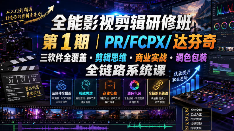 全能影视剪辑研修班第1期|PR/FCPX/达芬奇三软件全覆盖・剪辑思维・商业实战・调色包装全链路系统课-聚创源