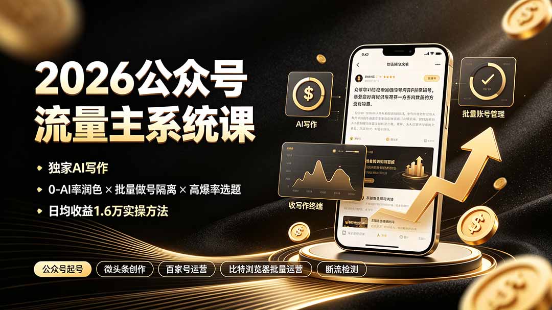 2026公众号流量主系统课：独家AI写作×0-AI率润色×批量做号隔离×高爆率选题，日均收益1.6万实操方法-聚创源