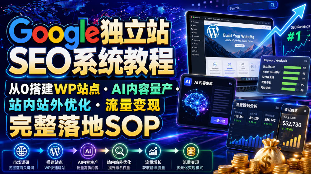 Google独立站SEO系统教程,从0搭建WP站点・AI内容量产・站内站外优化・流量变现完整落地SOP(2026年7月)-聚创源