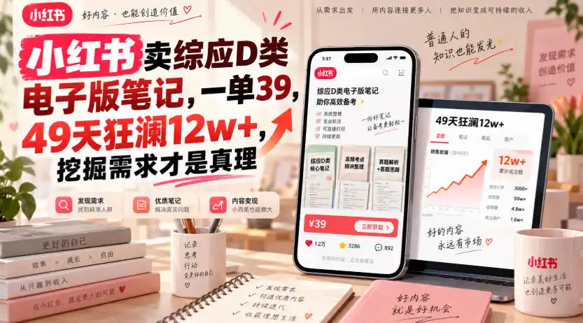 小红书卖综应D类电子版笔记,一单39,49天狂澜12w+,挖掘需求才是真理-聚创源