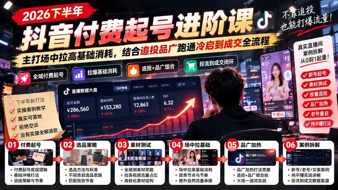 2026下半年抖音付费起号进阶课：主打场中拉高基础消耗，结合追投品广跑通冷启到成交全流程-聚创源