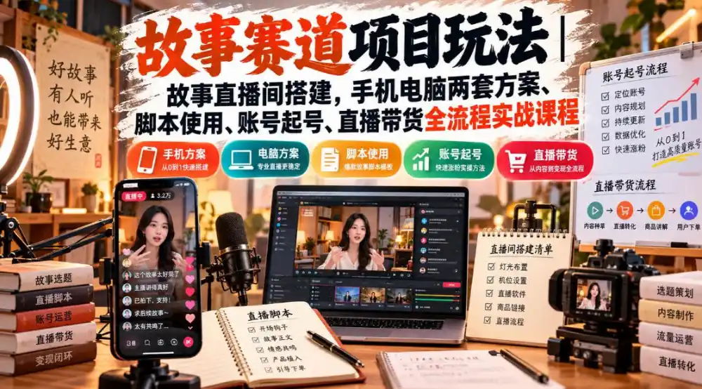 故事赛道项目玩法｜故事直播间搭建，手机电脑两套方案、脚本使用、账号起号、直播带货全流程实战课程-聚创源