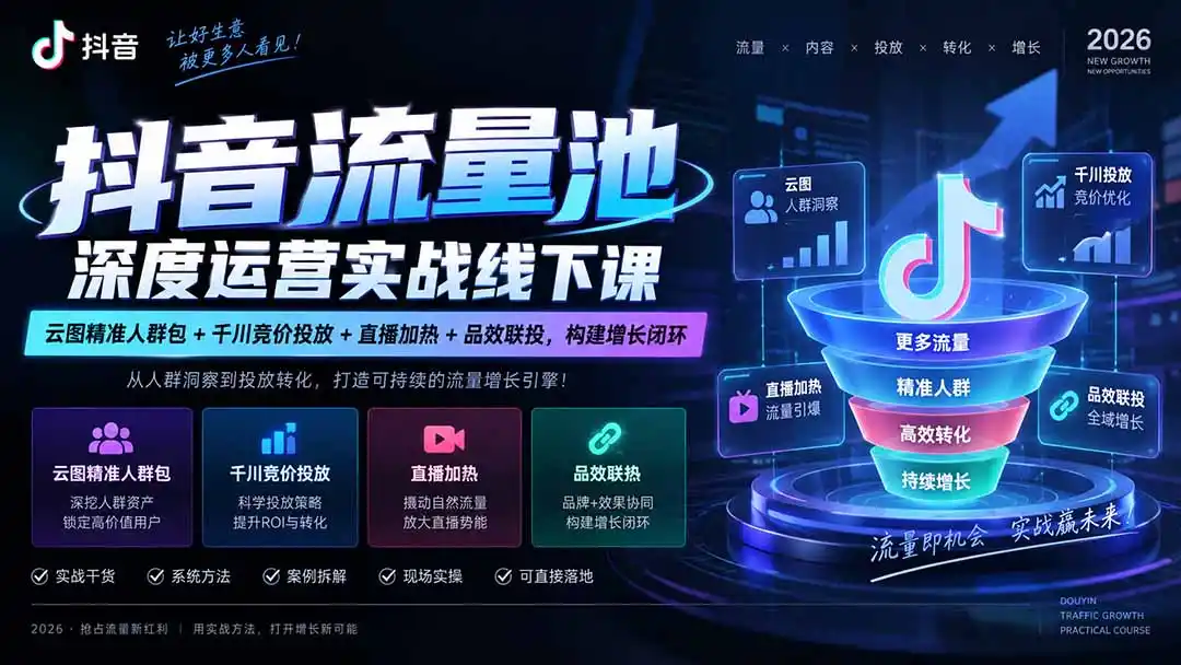 抖音流量池深度运营实战线下课｜云图精准人群包+千川竞价投放+直播加热+品效联投，构建增长闭环-聚创源