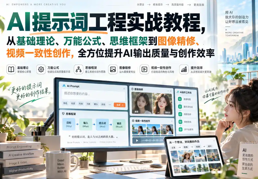 AI提示词工程实战教程,从基础理论、万能公式、思维框架到图像精修、视频一致性创作,全方位提升AI输出质量与创作效率 AI提示词工程实战教程,从基础理论、万能公式、思维框架到图像精修、视频一致性创作,全方位提升AI输出质量与创作效率