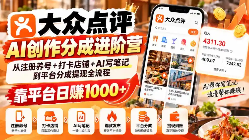 大众点评AI创作分成进阶营：从注册养号+打卡店铺+AI写笔记到平台分成提现全流程，靠平台日赚1000+-聚创源
